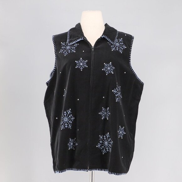 NWT THE QUACKER FACTORY Black Embellished Snowflake Velvet Vest Size 1X - Picture 1 of 7